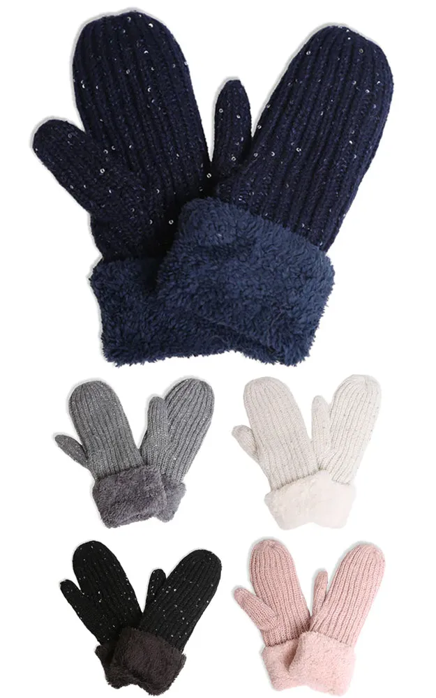 Classic Cable Knit Mittens with Fleece Cuffs and Glitters 12-Pack JG820