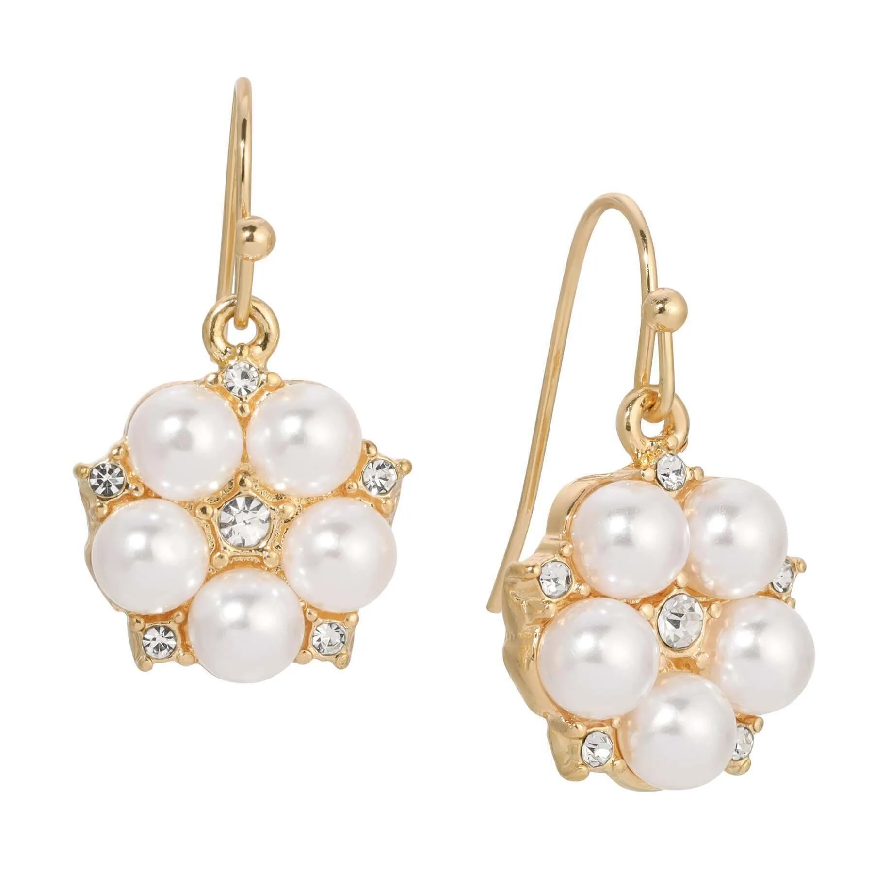 Crystal Star Flower White Faux Pearl Drop Earrings