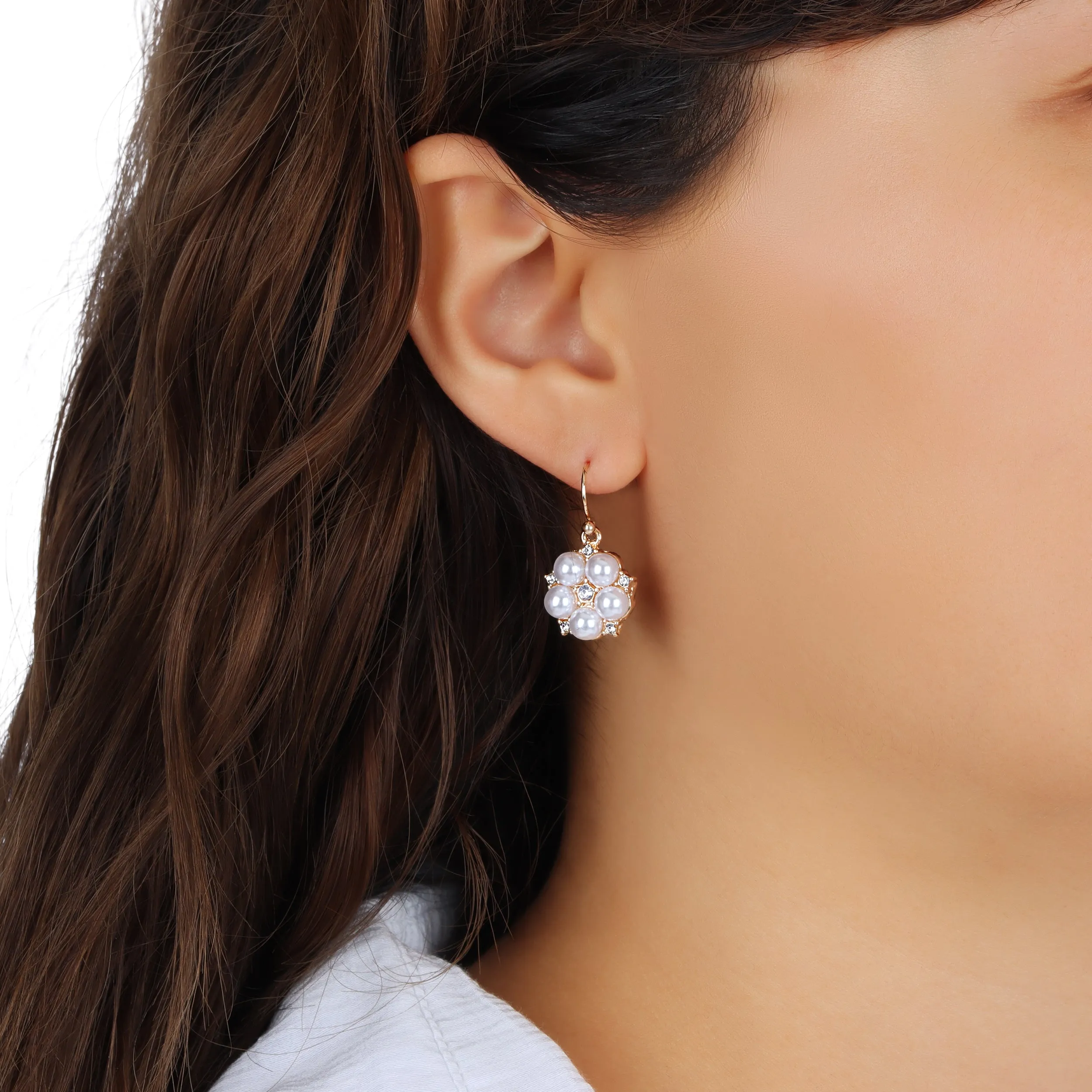 Crystal Star Flower White Faux Pearl Drop Earrings