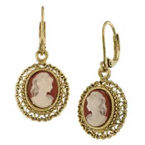 Dark Carnelian Oval Cameo Hearts Drop Earrings - 1928 Jewelry