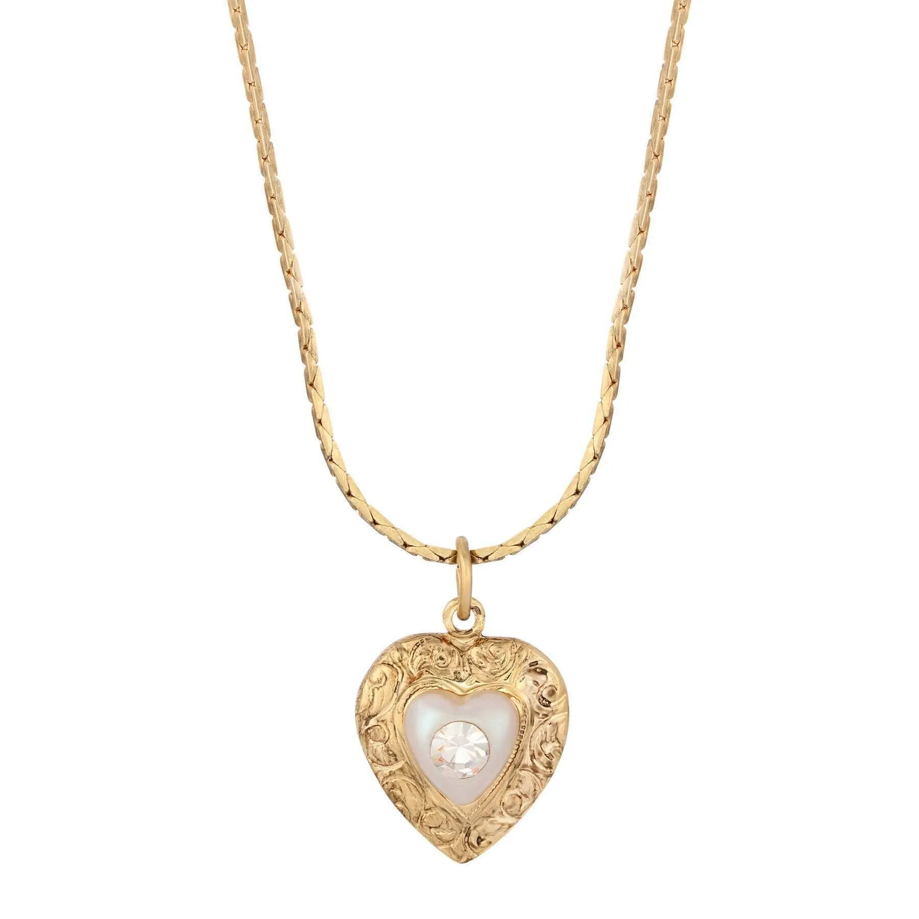 Faux Pearl Heart & Crystal Pendant Necklace with 15 + 3 Extender