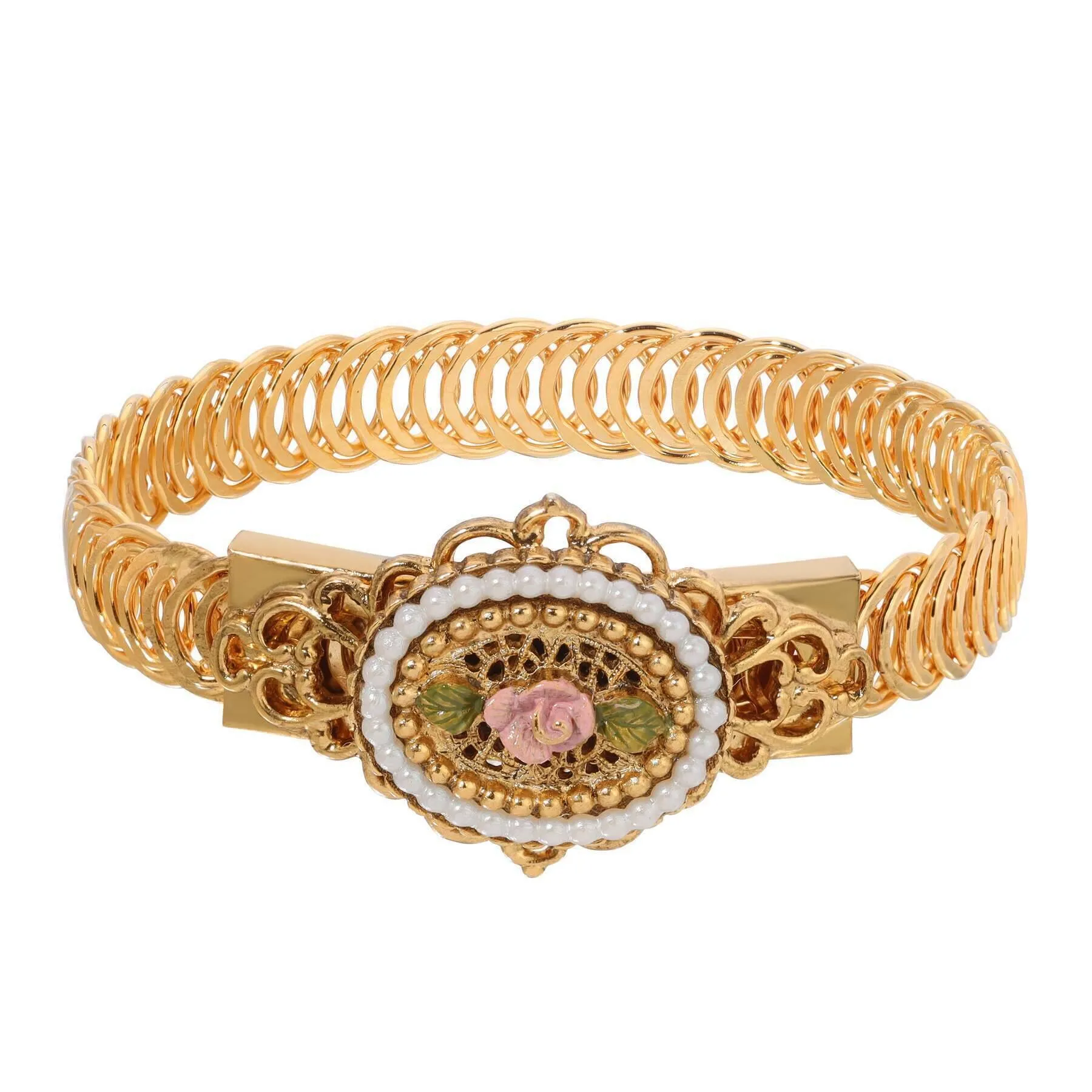 Pearly Eden Pink Rose Enamel Faux Pearl Belt Bracelet