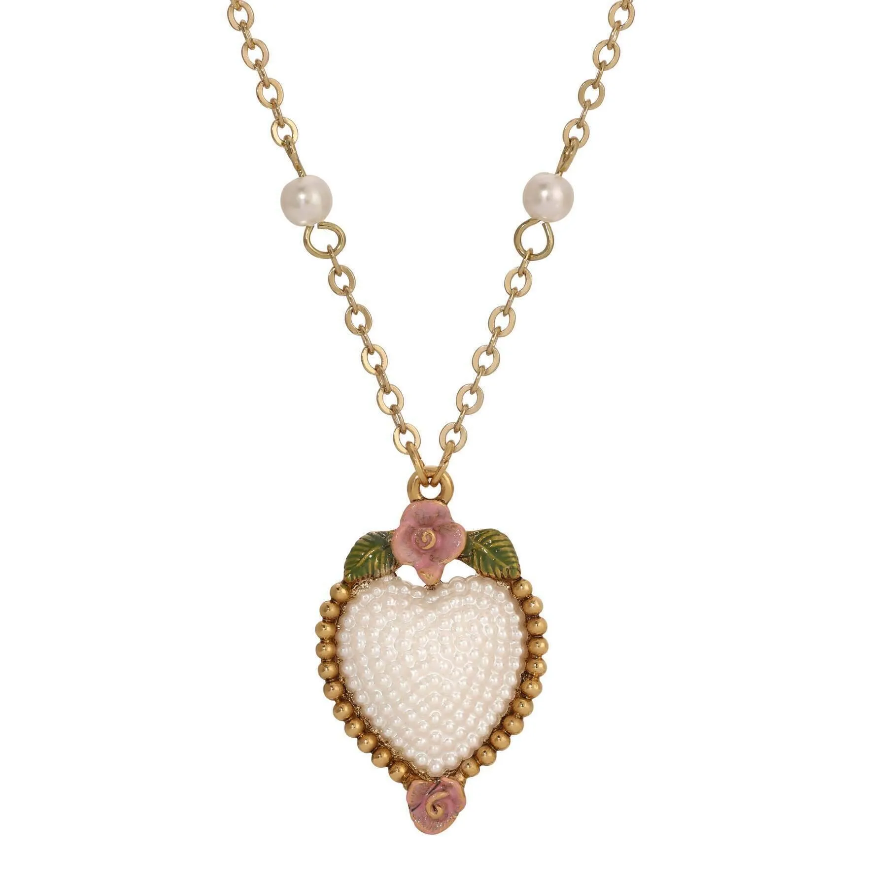 Pearly Eden Pink Rose Enamel Faux Pearl Heart Pendant Necklace with 16 + 3 Extender