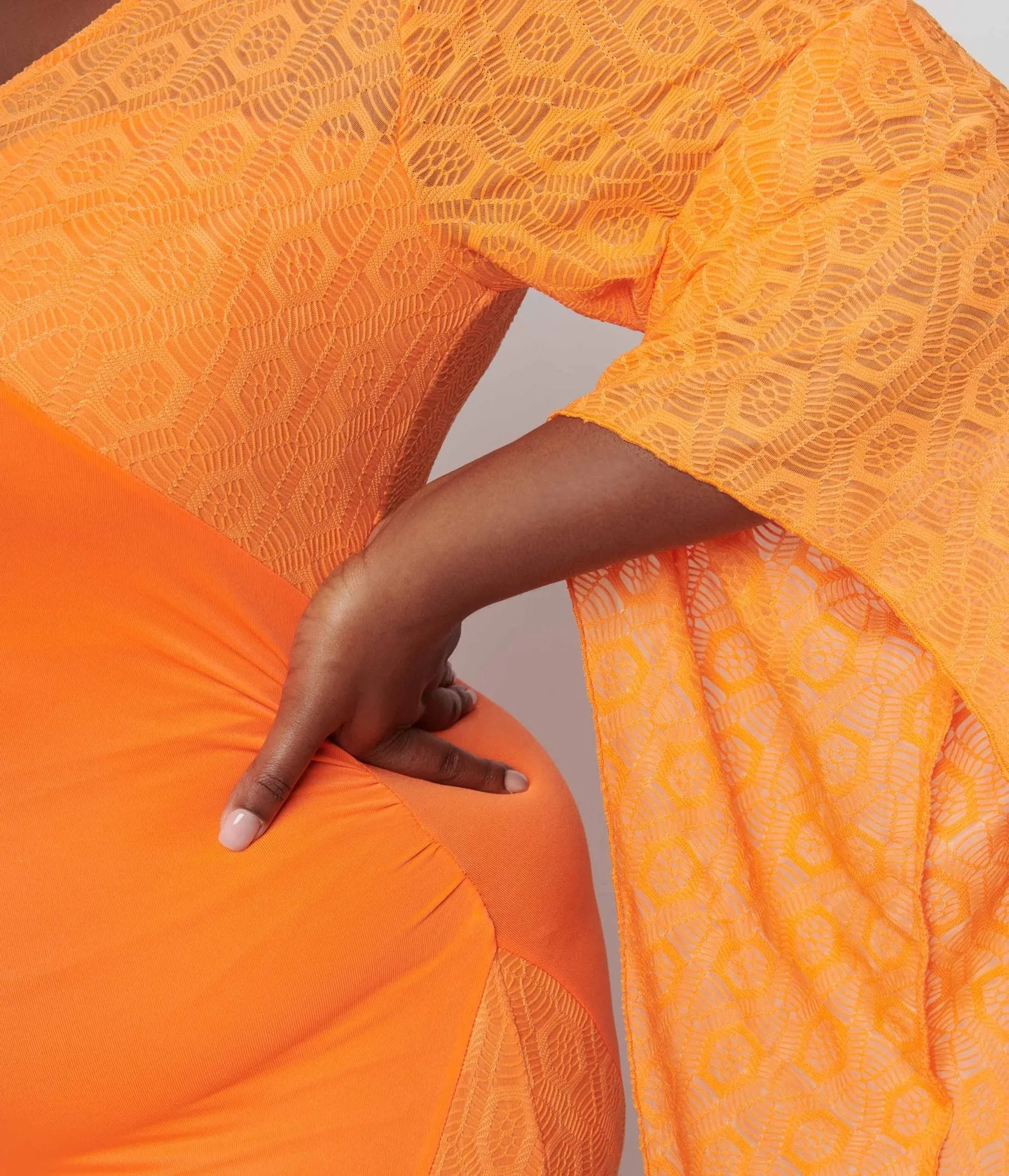 Neon Orange Lace Maxi Dress from the 1970s