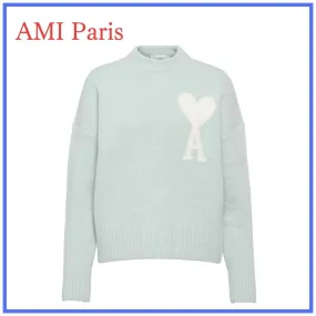 Ami Paris Crew Neck Casual Style Wool Long Sleeves Plain Office Style