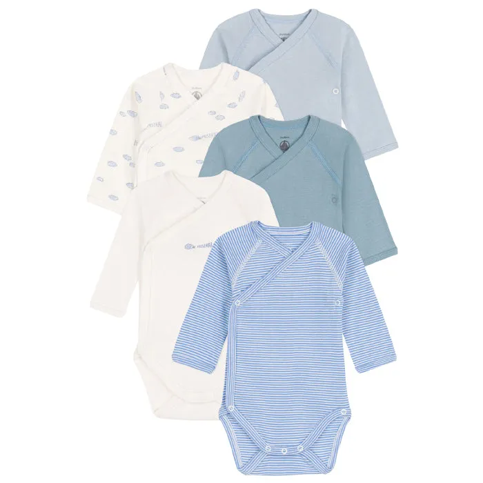 Baby Set of 5 Blue Long Sleeve Bodysuits with Cloud Print