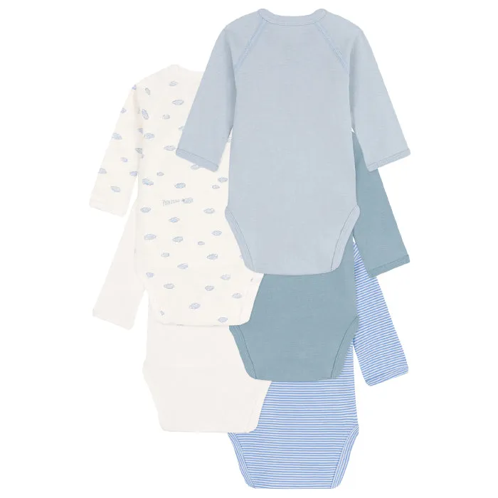 Baby Set of 5 Blue Long Sleeve Bodysuits with Cloud Print