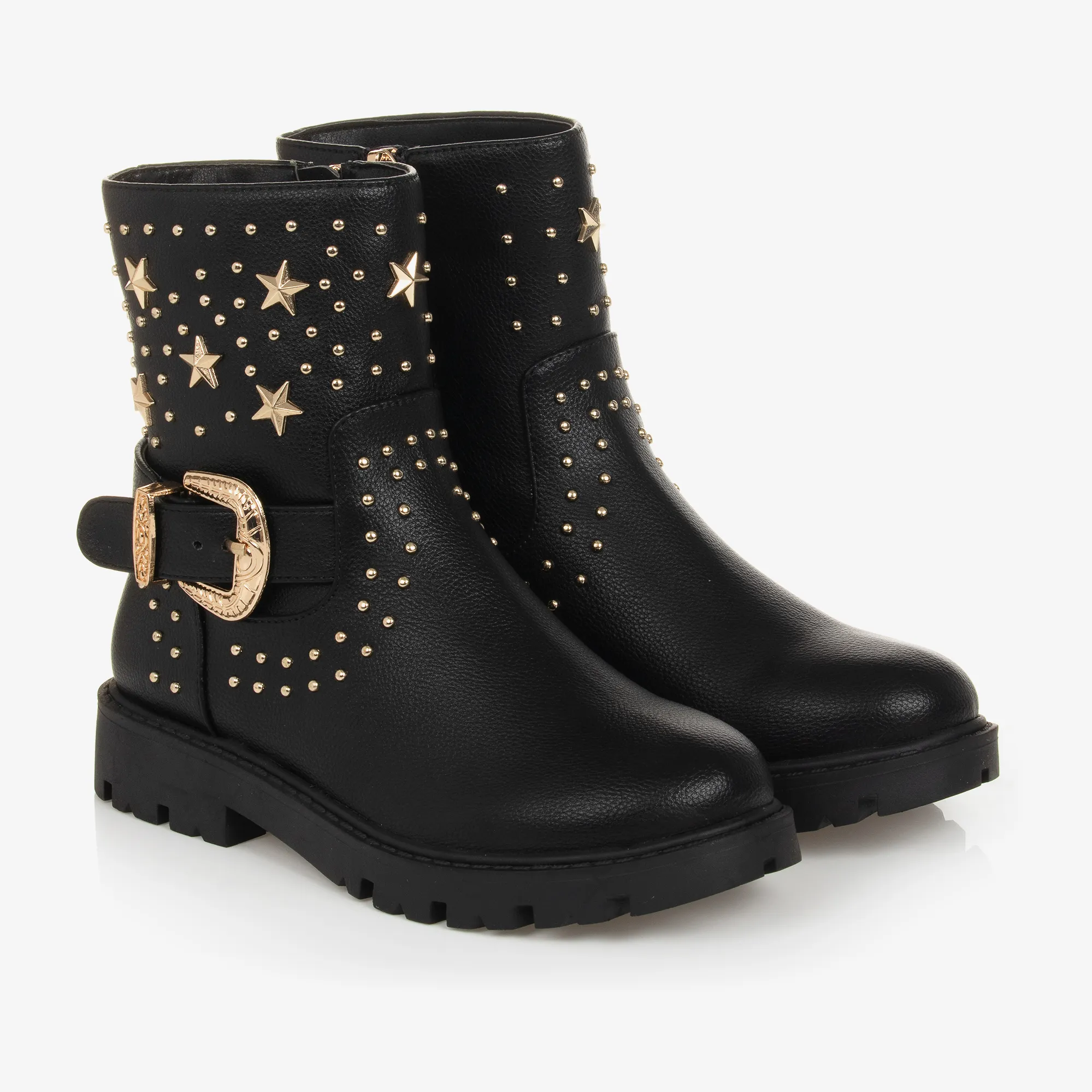 Black & Gold Studded Faux Leather Boots for Girls