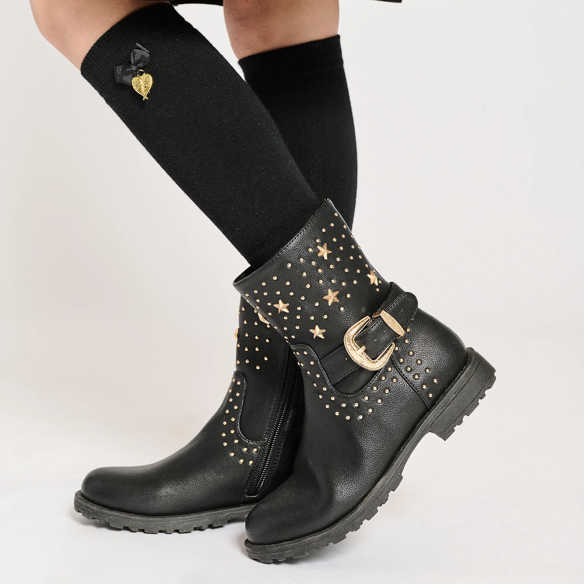 Black & Gold Studded Faux Leather Boots for Girls