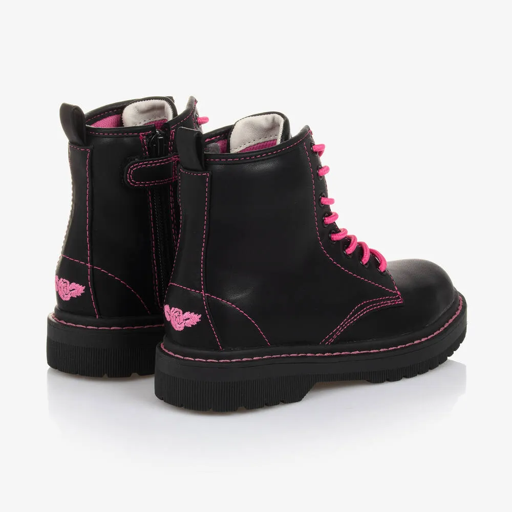 Black & Pink Faux Leather Girls Boots