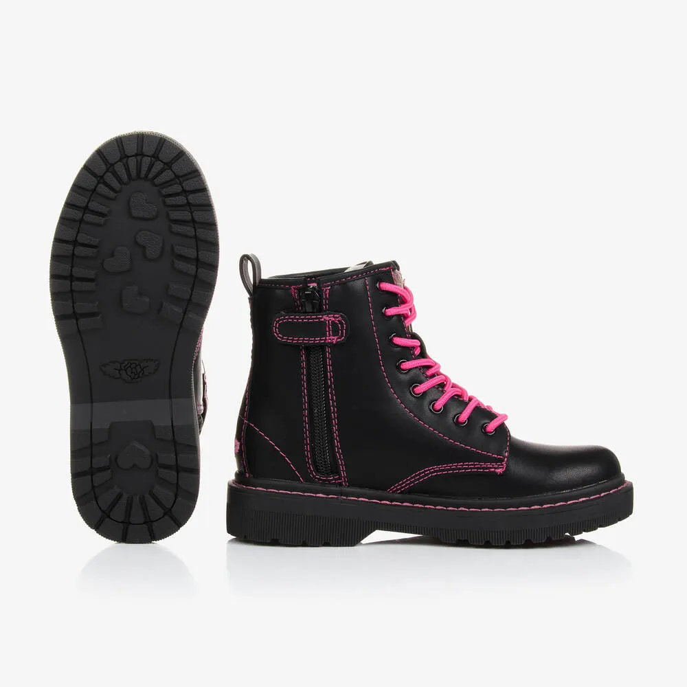 Black & Pink Faux Leather Girls Boots