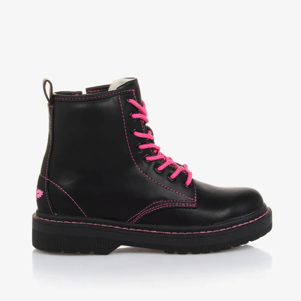 Black & Pink Faux Leather Girls Boots