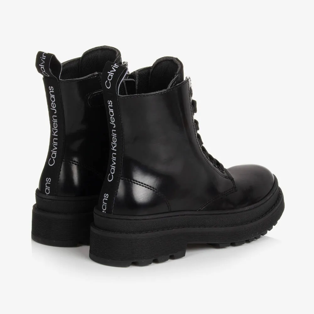 Black Faux Leather Girls Boots