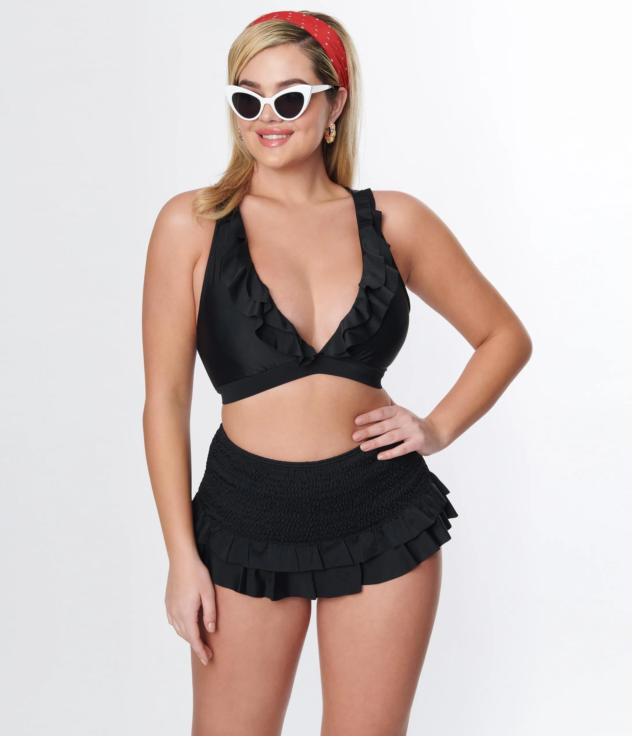 Black Ruffle Halter Swim Top