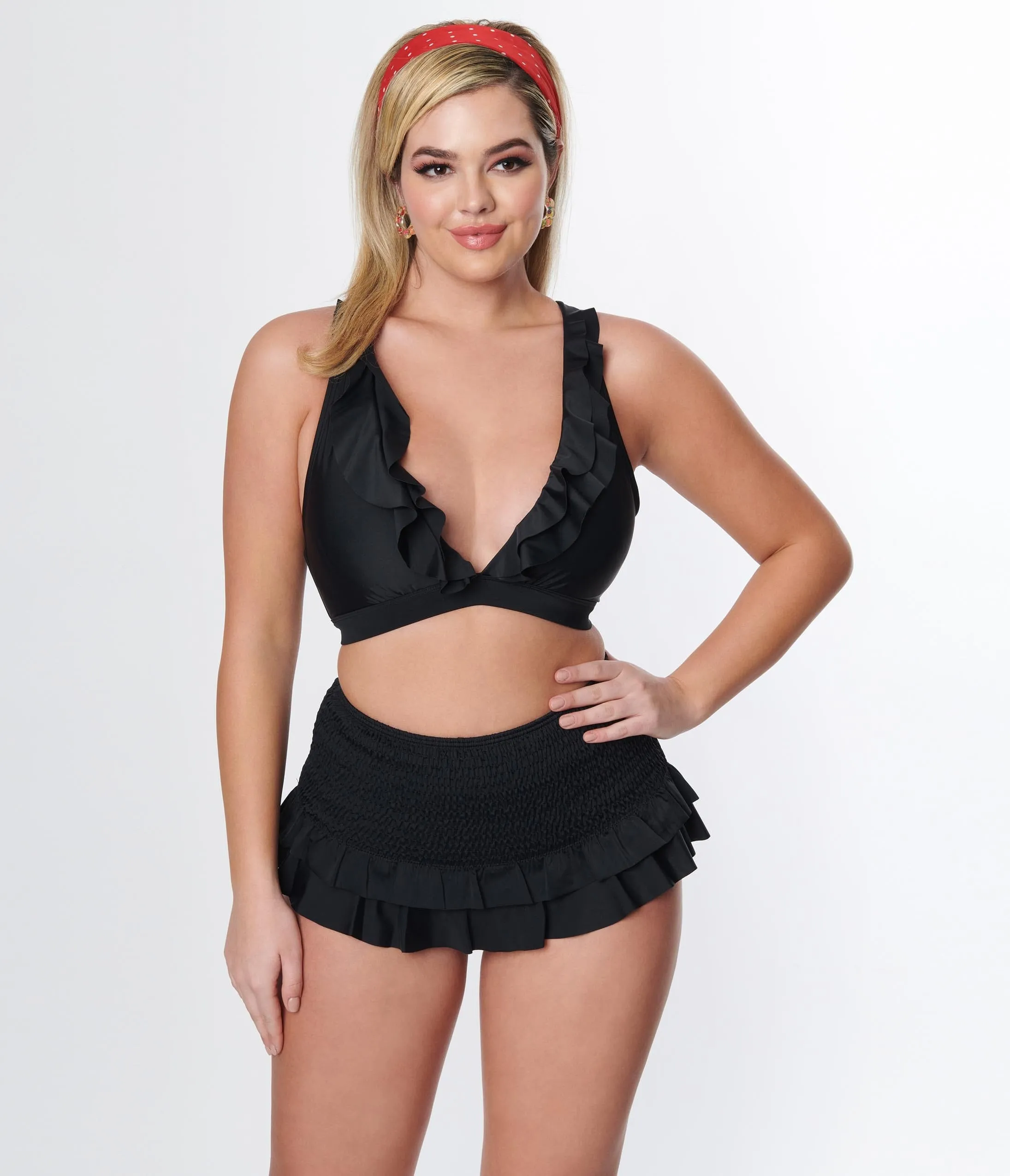 Black Ruffle Halter Swim Top