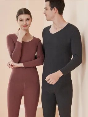 Black Winter Jewel Neck Long Sleeves Solid Indoor Tops And Pants for Home Wear Sets Thermal Underwear