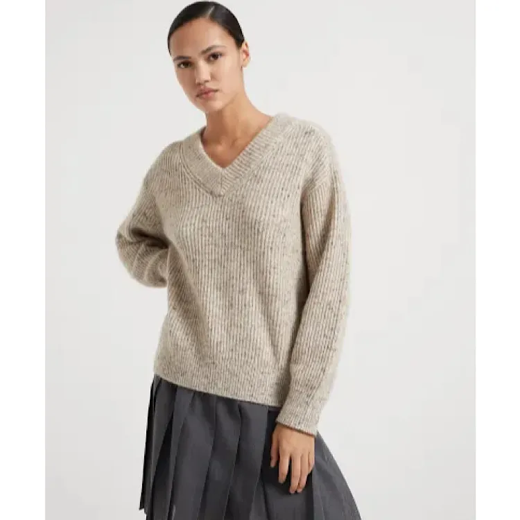 V-Neck Long Sleeves Wool Linen