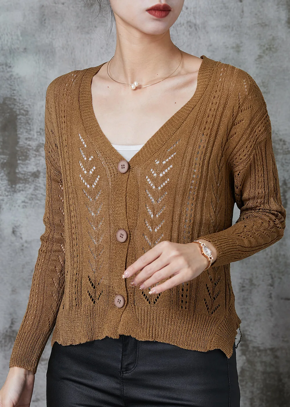 Coffee V-Neck Hollow Knit Spring Cardigan