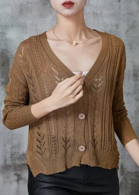 Coffee V-Neck Hollow Knit Spring Cardigan