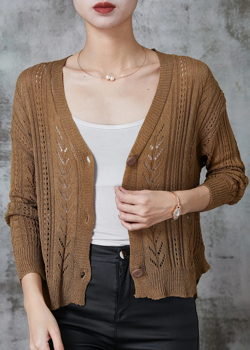 Coffee V-Neck Hollow Knit Spring Cardigan