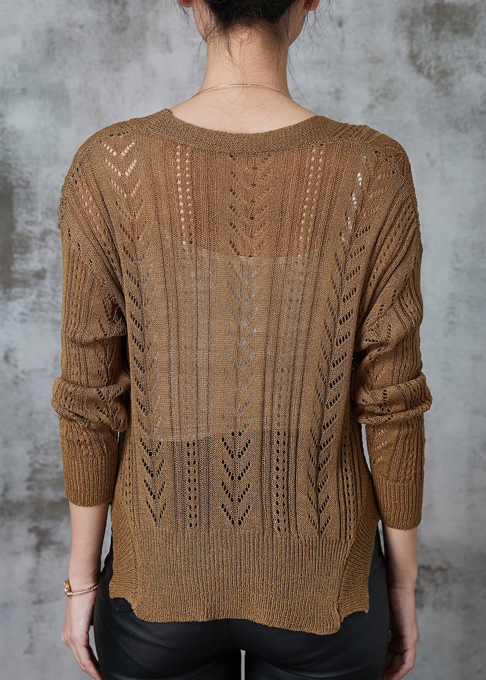 Coffee V-Neck Hollow Knit Spring Cardigan