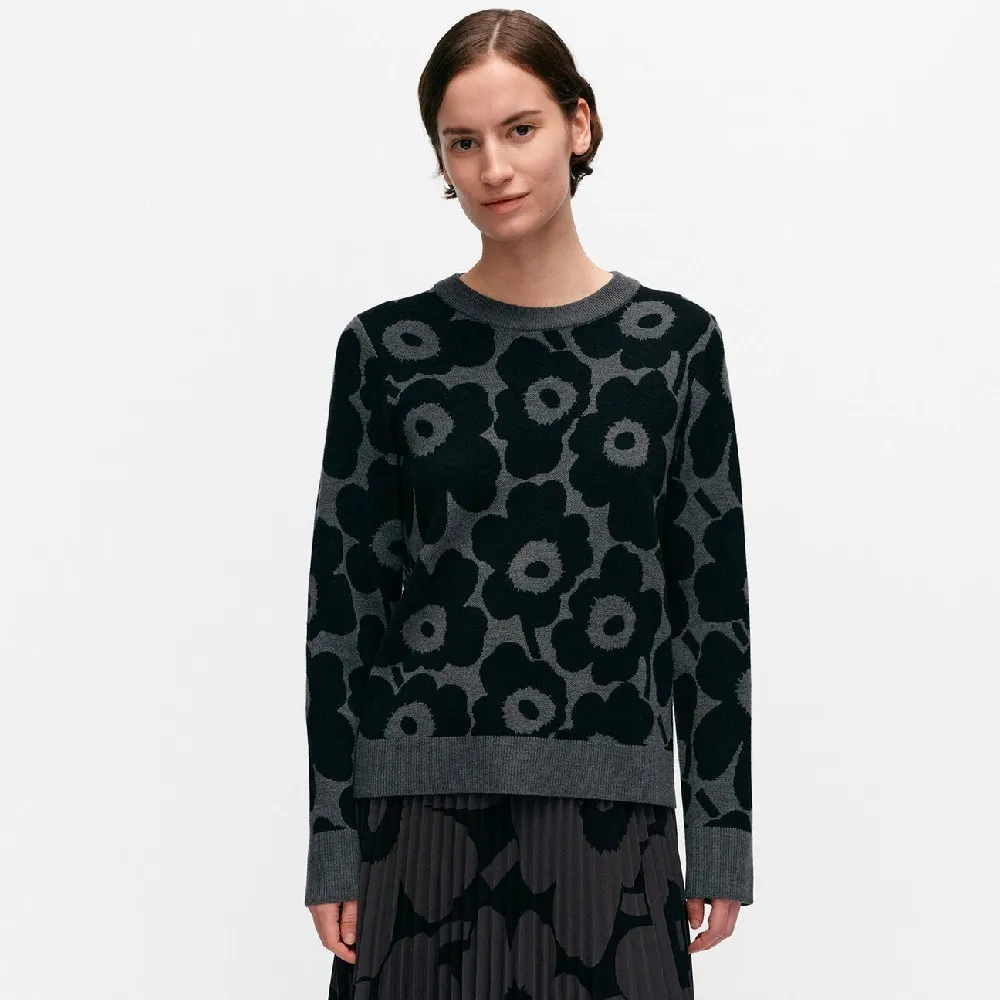 marimekko | Crew Neck Flower Pattern Wool Rib Casual Long Sleeves