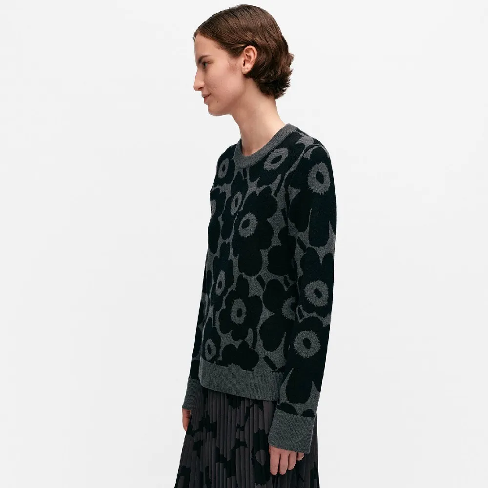 marimekko | Crew Neck Flower Pattern Wool Rib Casual Long Sleeves