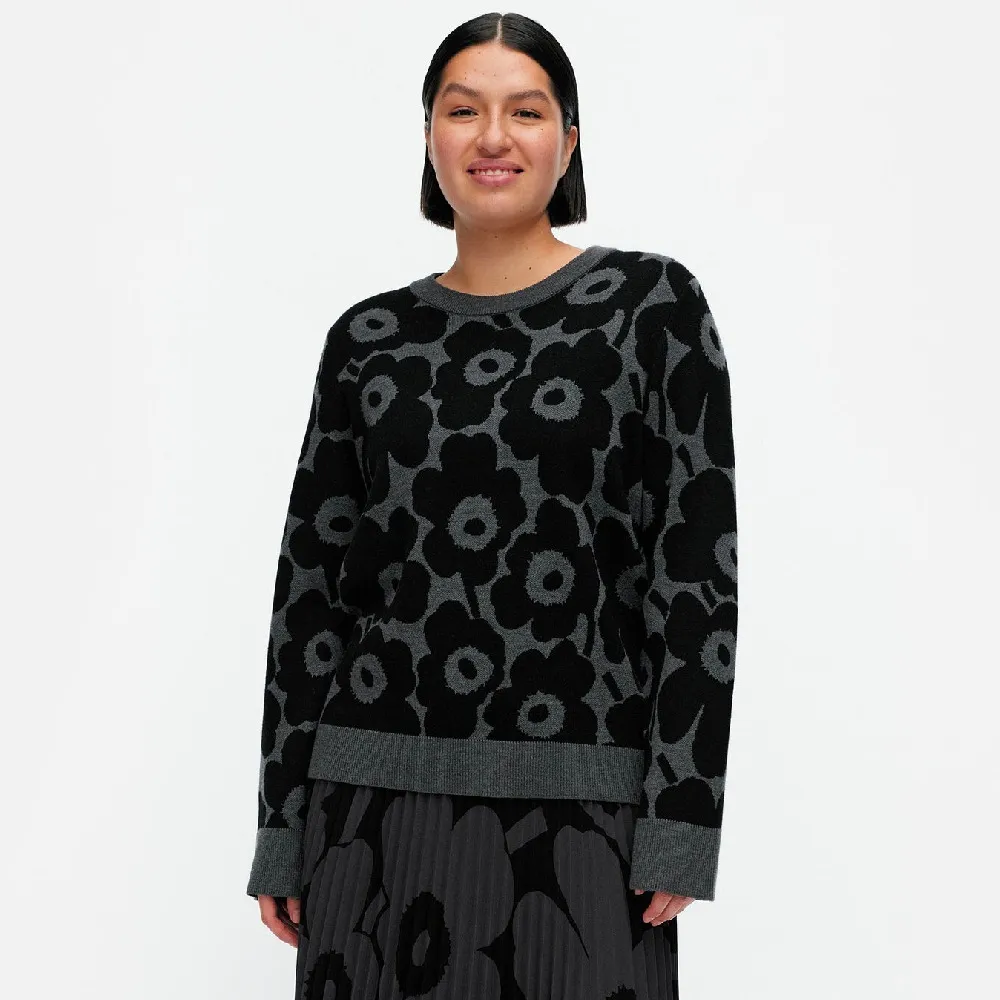 marimekko | Crew Neck Flower Pattern Wool Rib Casual Long Sleeves