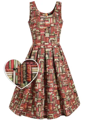 Dolly & Dotty Amanda 50's Swing Dress - Book Stack Design, Brown