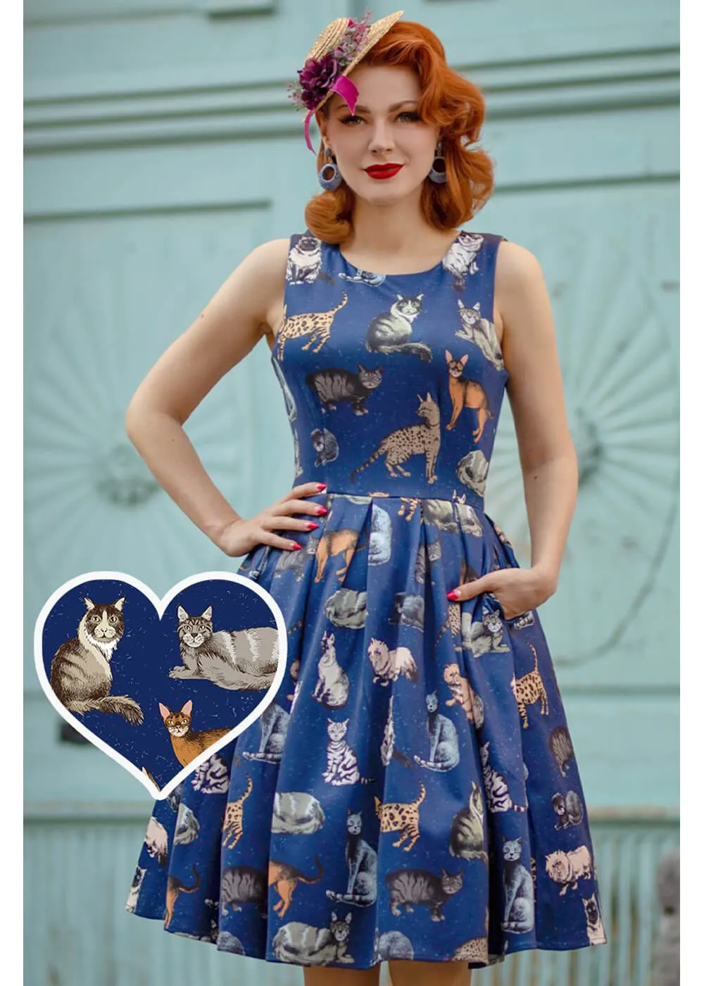 Classic Navy Swing Dress featuring Cat Design by Dolly & Dotty