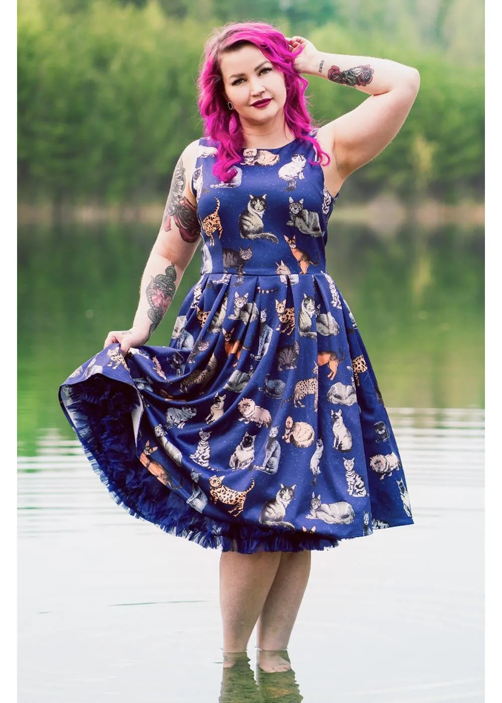 Classic Navy Swing Dress featuring Cat Design by Dolly & Dotty