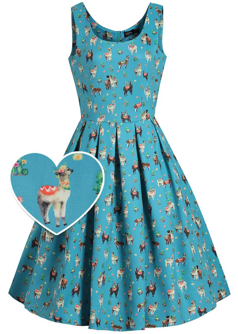 Retro Turquoise Swing Dress with Llama Design by Dolly & Dotty