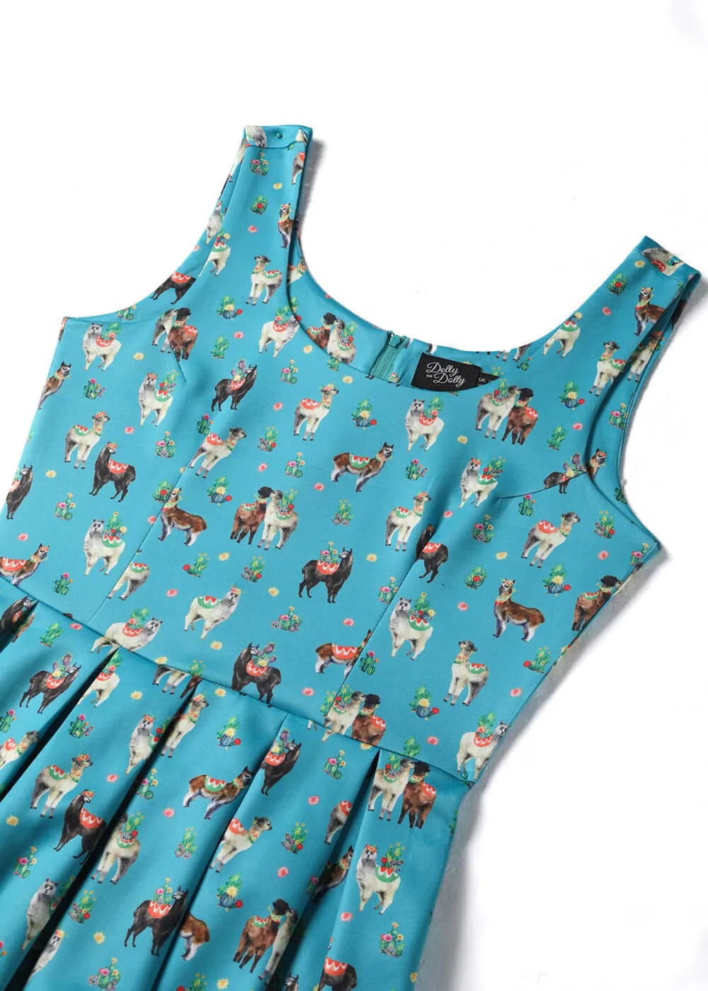 Retro Turquoise Swing Dress with Llama Design by Dolly & Dotty