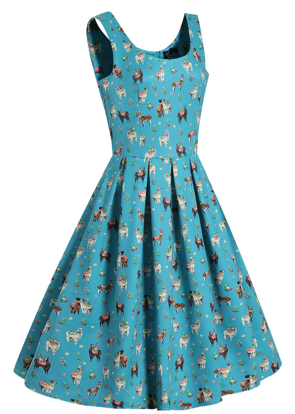 Retro Turquoise Swing Dress with Llama Design by Dolly & Dotty