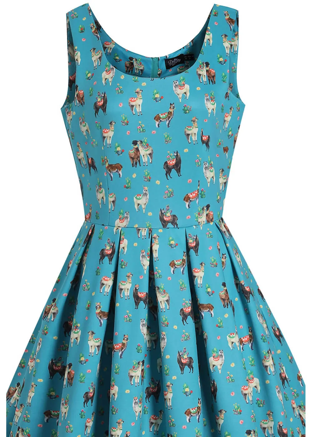 Retro Turquoise Swing Dress with Llama Design by Dolly & Dotty