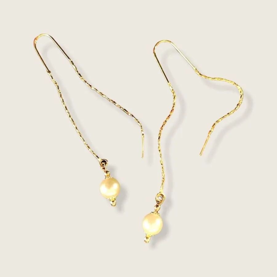 Gold Plated Ivory Faux Pearls Threader Earrings