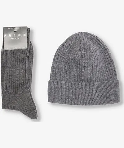 Falke Men's Dark Grey Ribbed Beanie and Sock Wool Knitted Gift Set