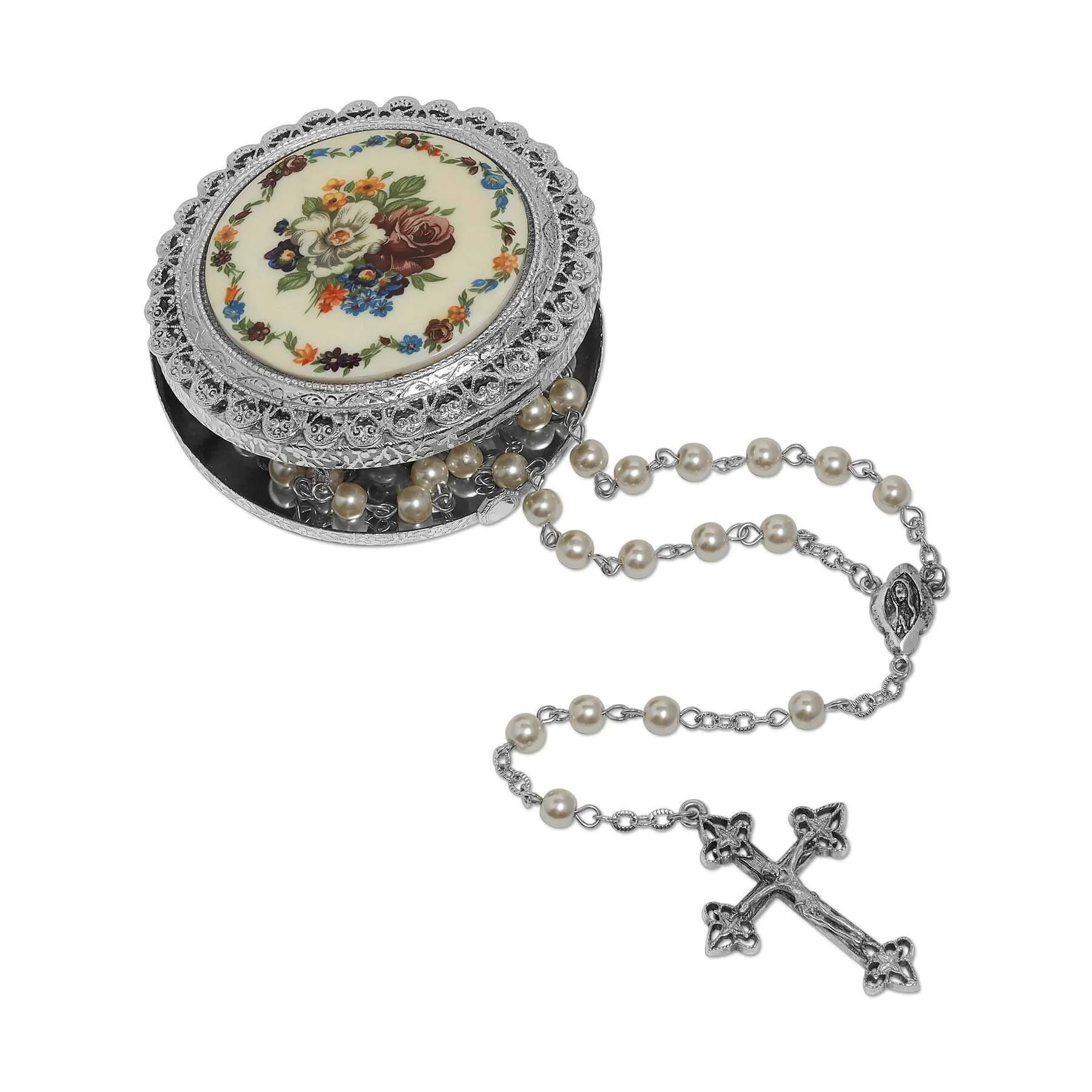 Faith Faux Pearl Rosary with Multicolor Floral Stone Box