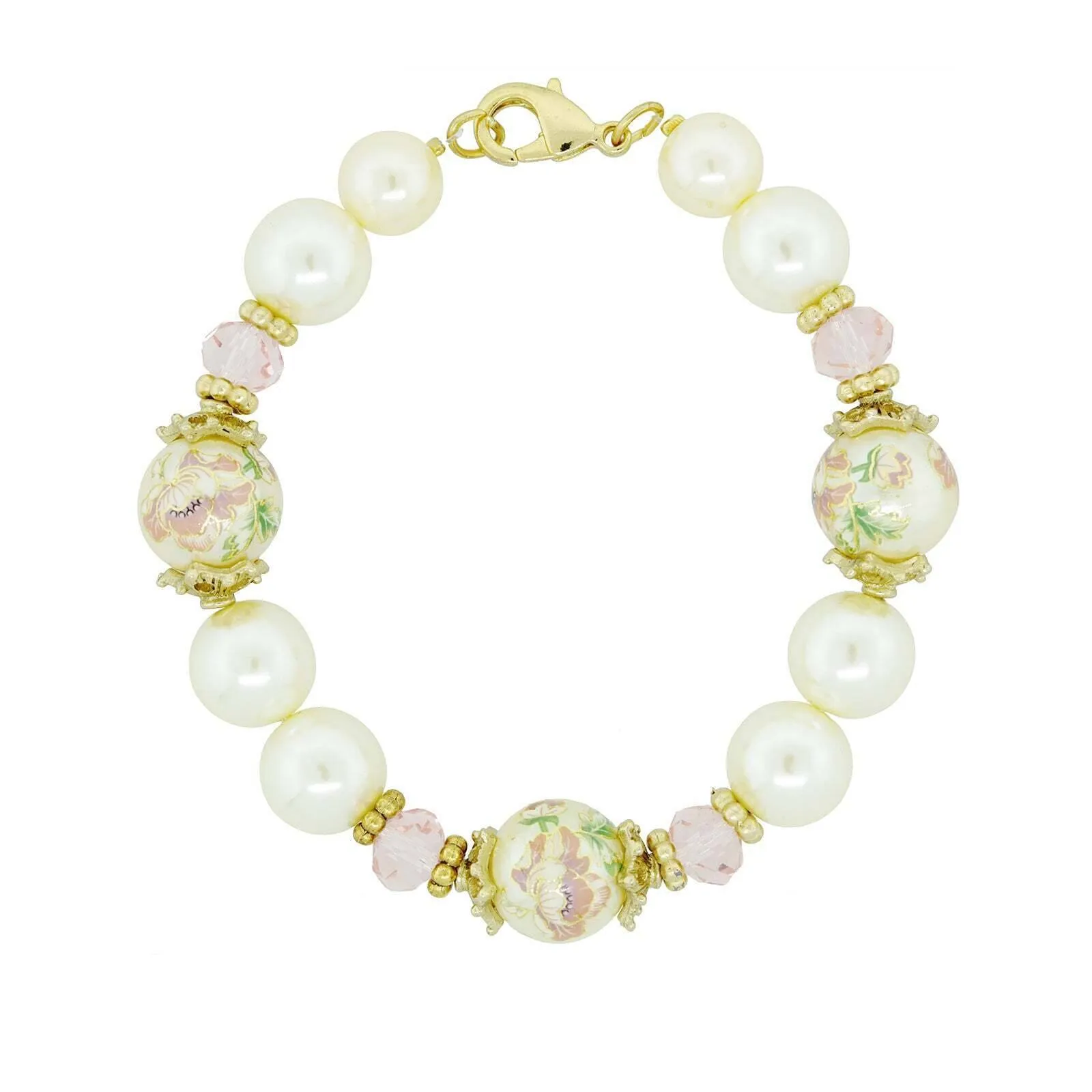 Flower Decal Faux Pearl Pink Crystal Bracelet