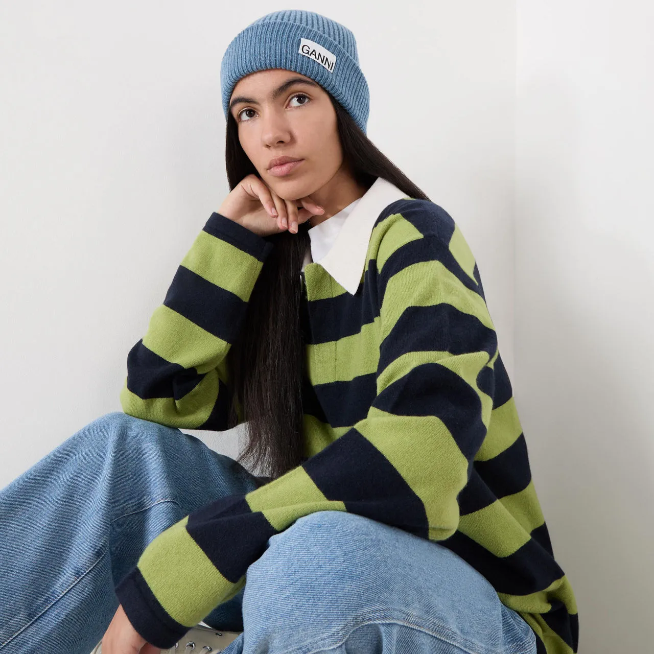 Dusty Blue GANNI Sustainable Logo Ribbed Beanie Hat