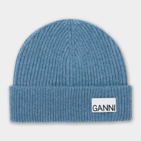 Dusty Blue GANNI Sustainable Logo Ribbed Beanie Hat