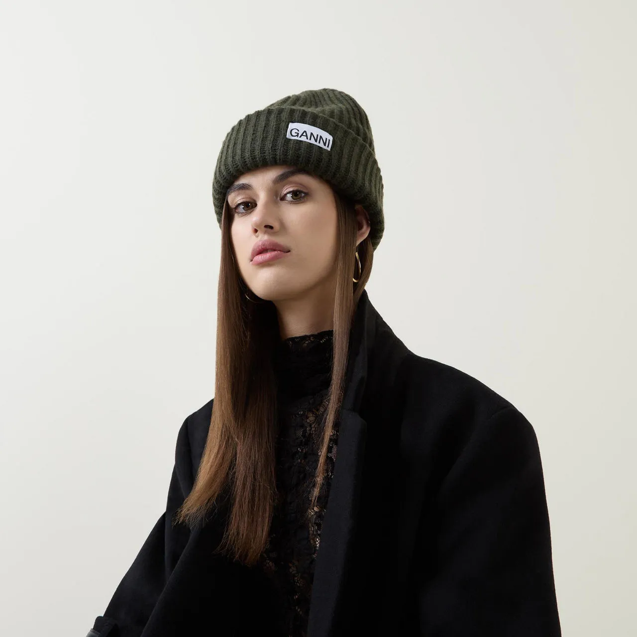 GANNI Sustainable Logo Ribbed Beanie Hat - Kalamata