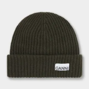 GANNI Sustainable Logo Ribbed Beanie Hat - Kalamata