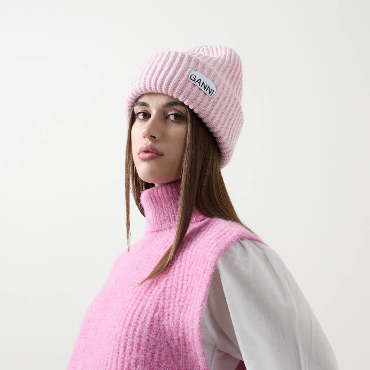 GANNI Sustainable Logo Ribbed Beanie Hat - Lilac Sachet