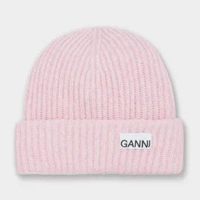 GANNI Sustainable Logo Ribbed Beanie Hat - Lilac Sachet