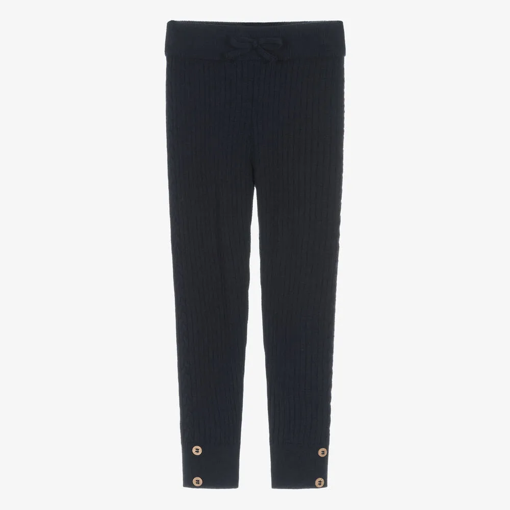 Navy Blue Ribbed Knit Leggings for Girls