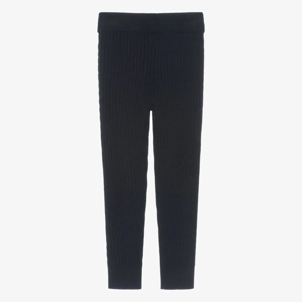 Navy Blue Ribbed Knit Leggings for Girls