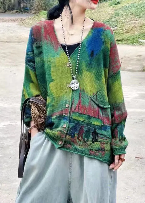 Green Bohemian V Neck Print Pockets Knit Cardigans