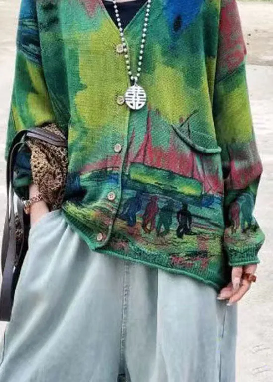 Green Bohemian V Neck Print Pockets Knit Cardigans