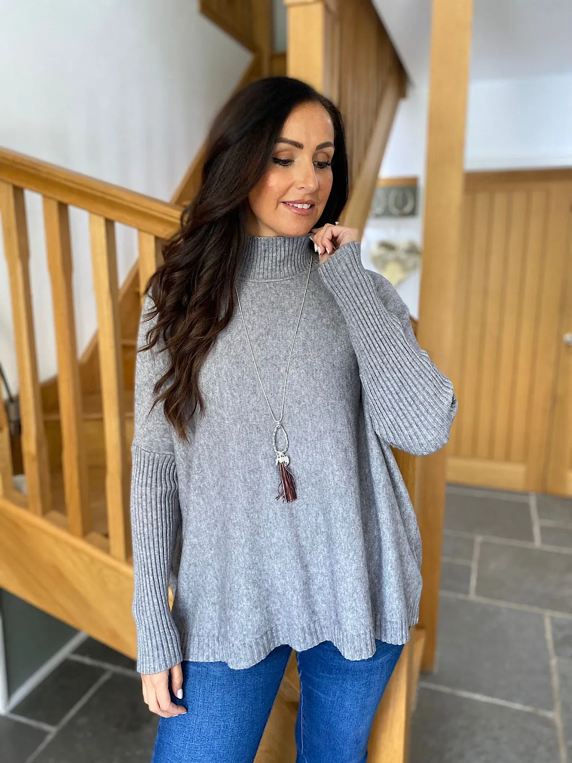 Grey Ribbed Isla High Neck Jumper